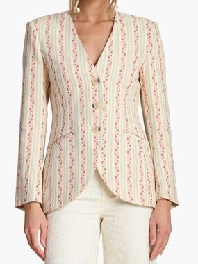 Avec Les Filles Cream Cotton Blazer with Pink Floral Stripe